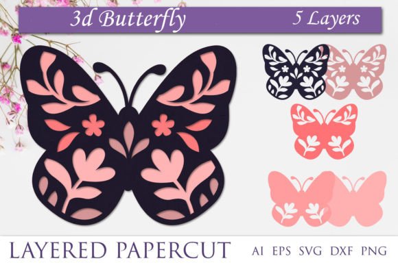 Layered Papercut Flower Butterfly Svg for Laser Cutting
