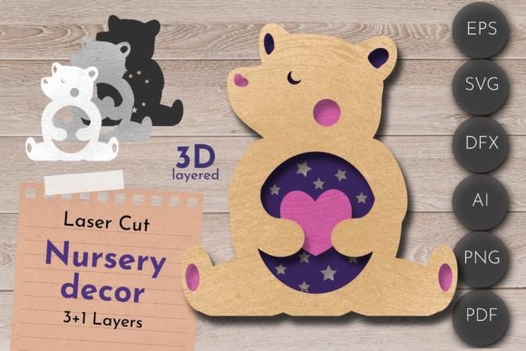 Nursery Decor, 3D Layered Bear Lantern for Laser Cutting