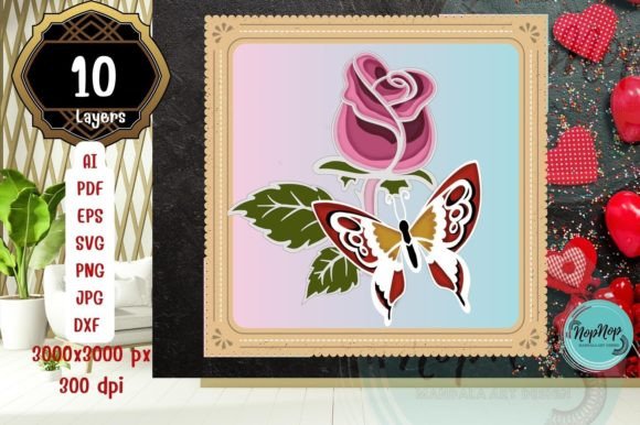 Rose and Butterfly 3D SVG for Laser Cutting Wall Decor