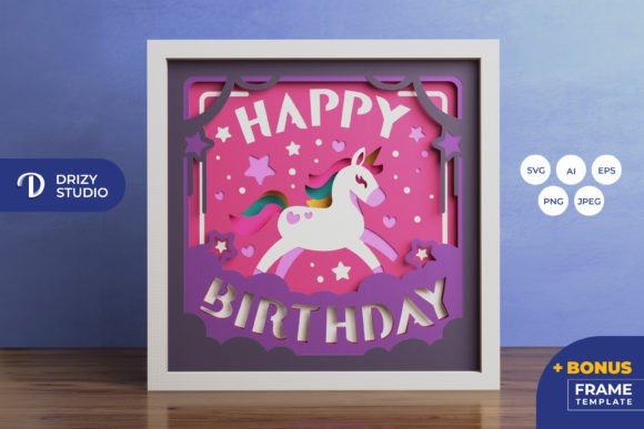 Unicorn Birthday 3D Shadow Box SVG for Laser Cutting